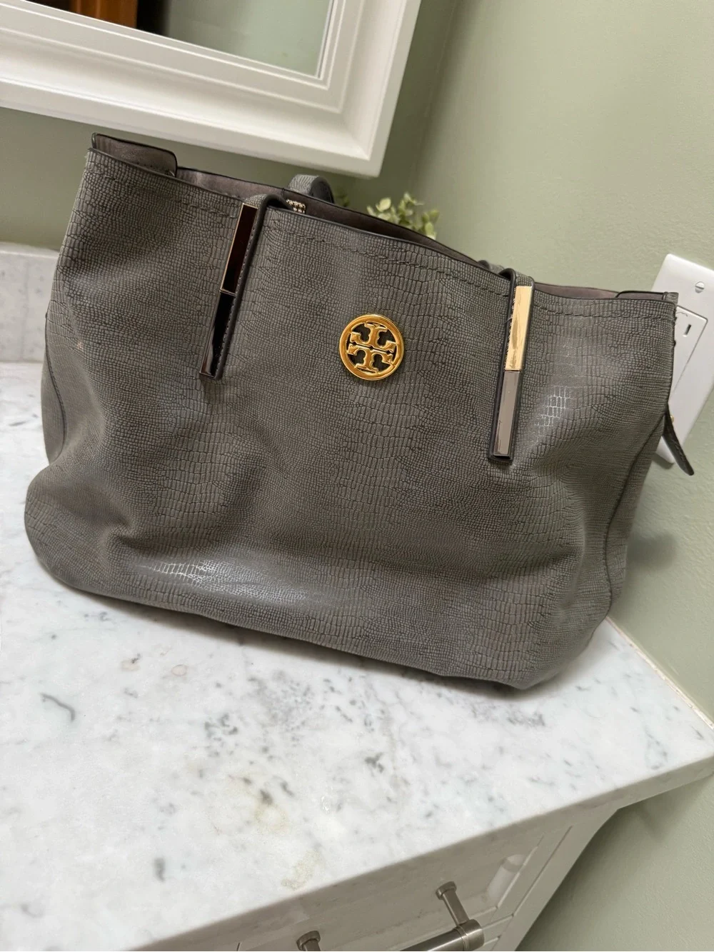 Authentic Tory Burch Amanda Embossed Leather Tote (Gray), circa 2013–2014
